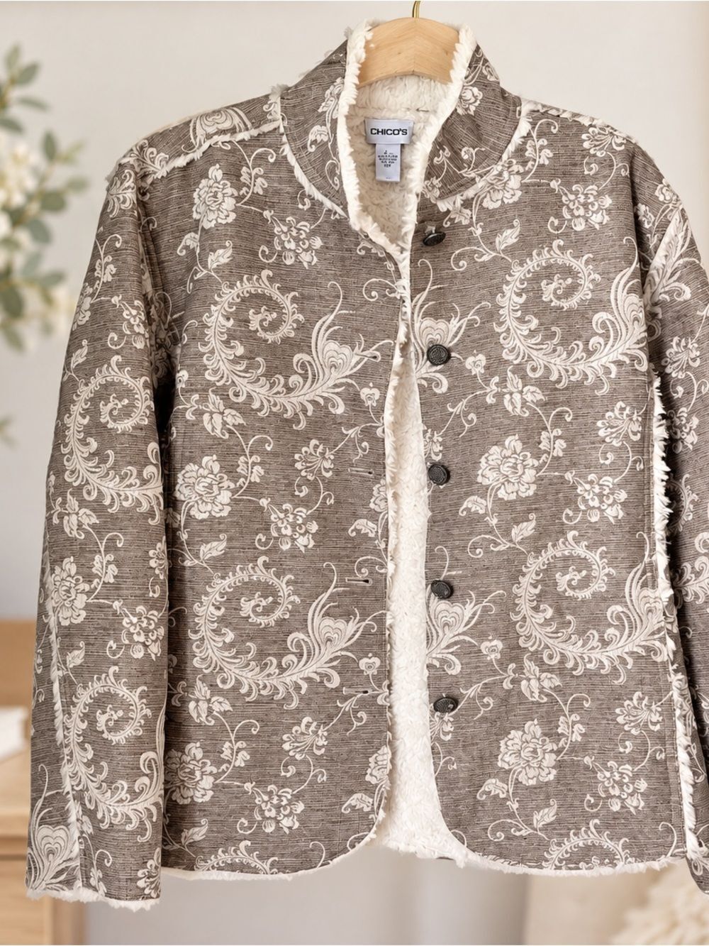 NWT Chico's Taupe Tiberon Embroidered Paisley Jacket Sherpa Faux Lining 2 Large